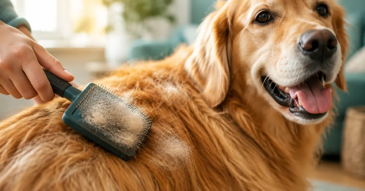 Slicker grooming brush brushing through the golden fur of a retriever, loose undercoat visible