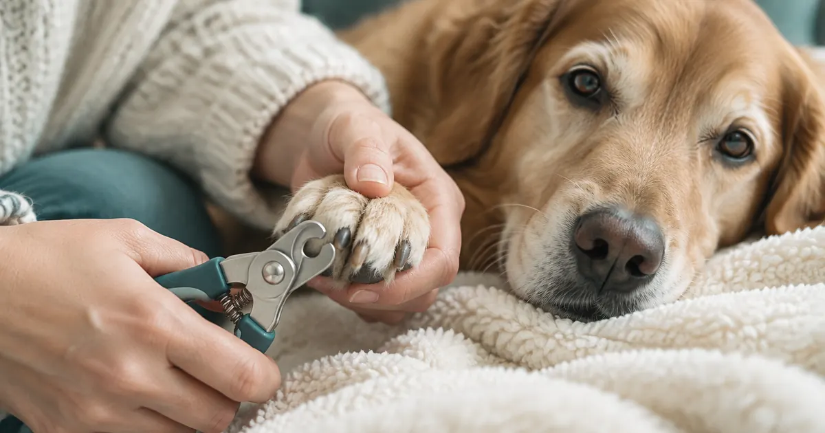 Hands gently holding a calm dog's paw with stainless steel pet nail clippers positioned at the nail