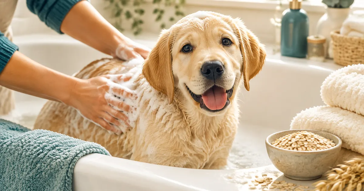 A labrador puppy being washed in a bathtub with gentle oatmeal shampoo foam, towels nearby
