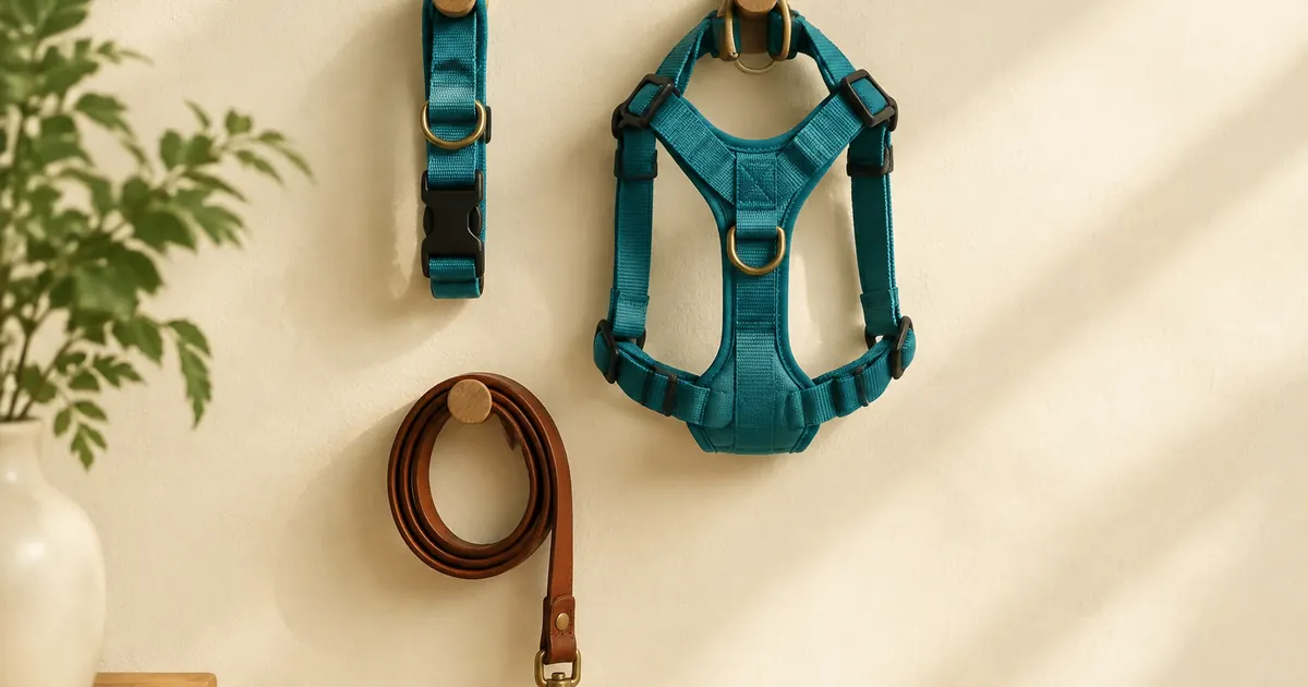 A teal nylon dog collar and matching adjustable harness hanging side by side on wooden pegs