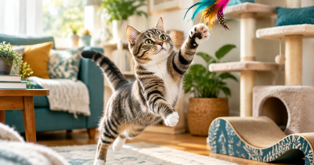 A playful tabby cat mid-leap batting at a colorful feather wand toy in a bright living room