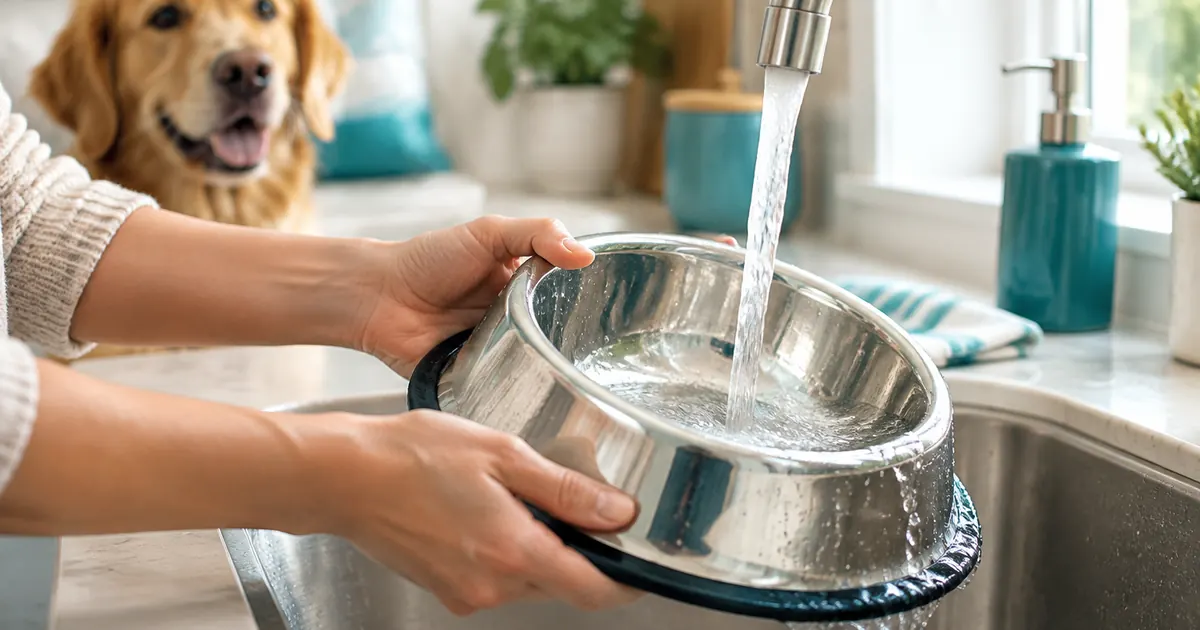 A gleaming stainless steel pet bowl being rinsed under a kitchen faucet with water droplets sparkling