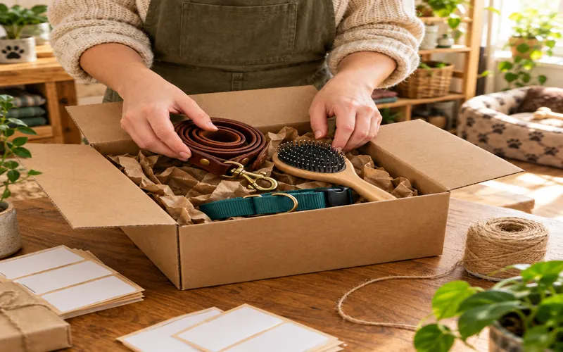 Hands packing pet supplies into a shipping box at Zyrento