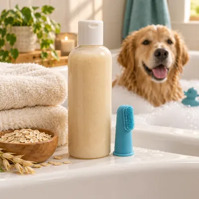 Bath & Dental — Oatmeal shampoos and gentle dental care for calm bath days.