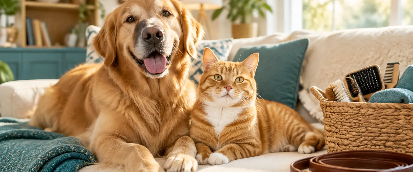 A happy golden retriever and orange tabby cat on a sofa surrounded by Zyrento pet supplies