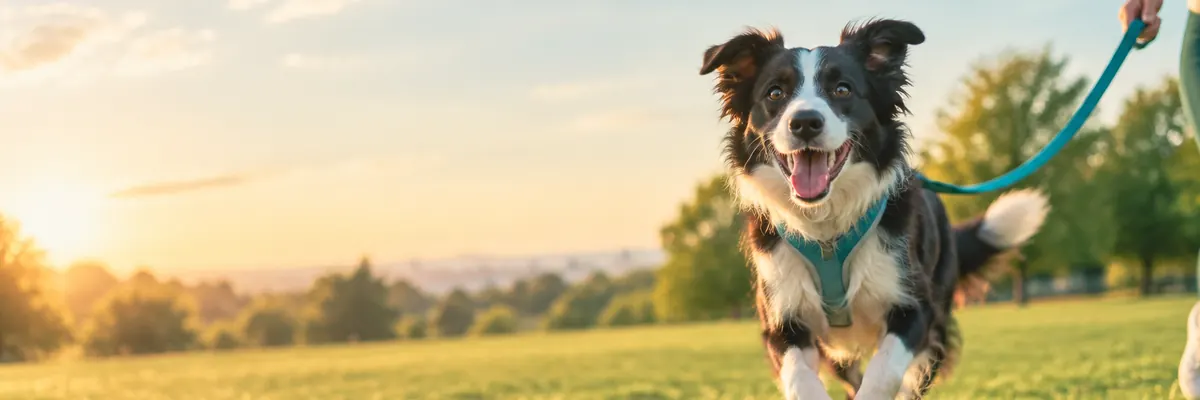 A happy dog running through a sunny park on a teal leash